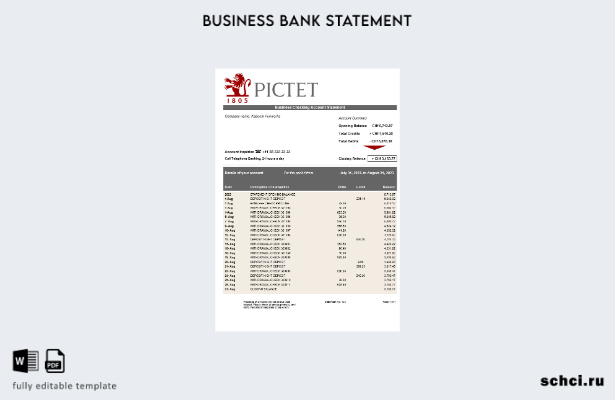 цифровая загрузка выписки по счету фирмы Pictet Bank в формате Word и PDF шаблон